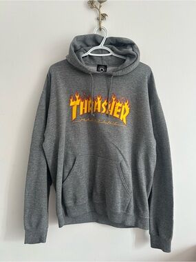 Thrasher Gray Hoodie with Yellow-Orange Flame Logo